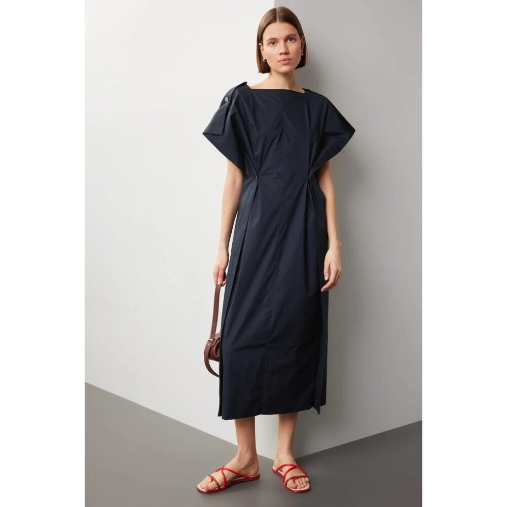 Plan C Back Button Navy Blue Midi Dress Short Sleeve Size 2 or XS